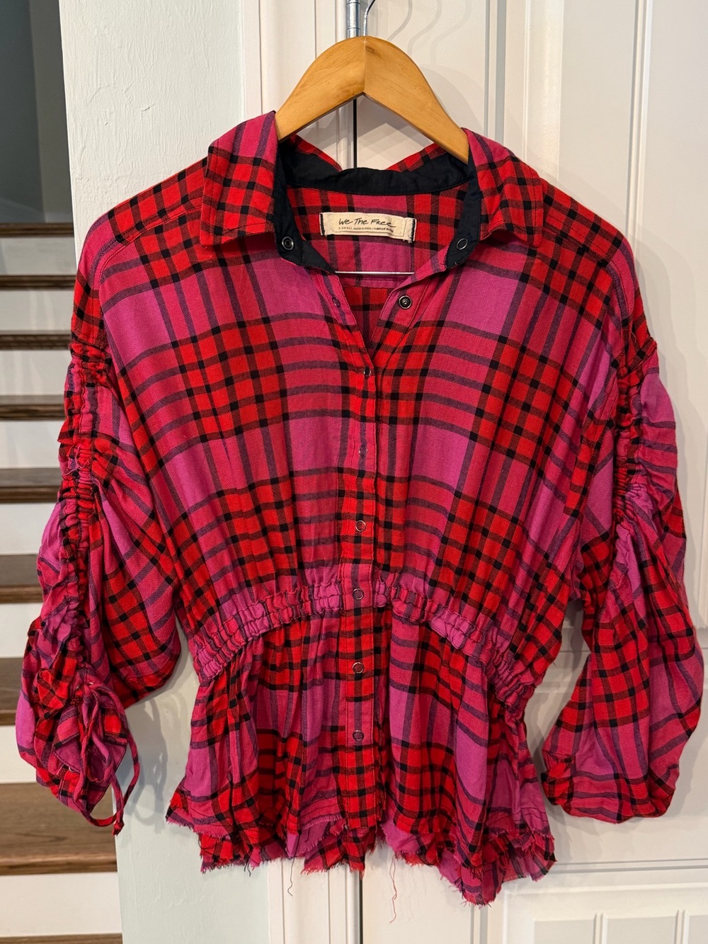 We The Free Red & Pink Plaid Button-Up Peplum Shirt
